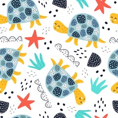 Seamless pattern with cartoon turtles, decor elements. animal theme. vector illustration. colorful flat style. hand drawing. design for fabric, print, wrapper