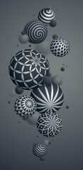 Abstract spheres vector phone background, composition of flying balls decorated with patterns, 3D mixed variety realistic globes with ornaments, smartphone wallpaper.