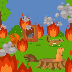 Forest wildfire with rodents, vector illustration. natural disaster, ecology problem and hot dry weather. cartoon animals suffer in flax fire, squirrel, beaver and chipmunk in flame.