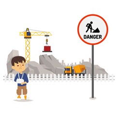 Naklejka premium Danger under construction territory, vector illustration. Danger facility sign, carrying out construction. Boy character injured on territory with special equipment, broken arm in cast.