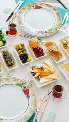 Healthy organic Turkish Mediterranean Breakfast with Turkish tea
