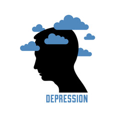 Depression mental health and high anxiety vector conceptual illustration or logo visualized by man face profile and dark clouds over his head.