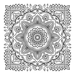 Circular pattern in form of mandala with flower for Henna, Mehndi, tattoo, decoration. Decorative ornament in ethnic oriental style. Outline doodle hand draw vector illustration.