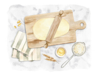 illustration about baking - cutting board with dough, rolling pin