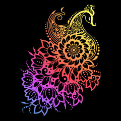 Mehndi flower pattern with peacock for Henna drawing and tattoo. Decoration in ethnic oriental, Indian style. Doodle ornament. Outline hand draw vector illustration. Rainbow design on black background