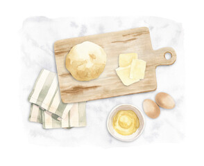watercolor illustration about baking - wooden cutting board with dough