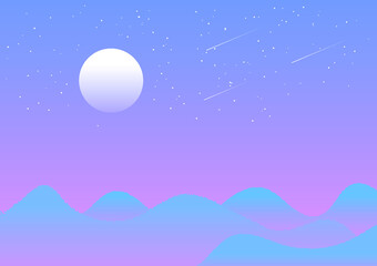 Fototapeta premium Vector illustration : Night mountains full moon landscape with moon light and shooting star, EPS10 
