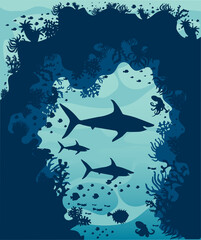  underwater world of silhouette illustration of corals, fishes, shark  vector
