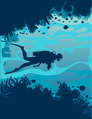 diving silhouette illustration vector fish corals
