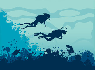 diving silhouette illustration vector fish corals