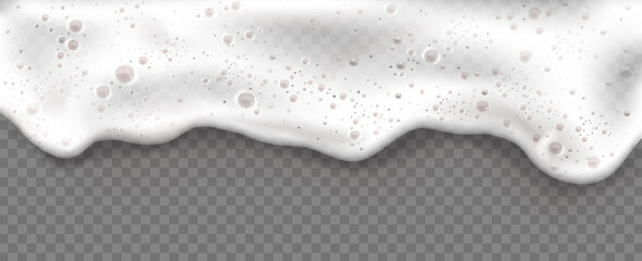 Beer foam isolated on transparent background. White soap froth texture with bubbles, seamless border, foamy frame. Sea or ocean wave, laundry cleaning detergent spume, realistic 3d vector illustration - obrazy, fototapety, plakaty