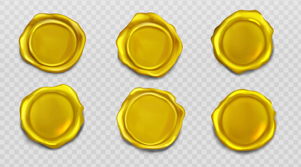 Gold wax seal stamp approval sealing. Quality guarantee blank retro postal label, royal insignia for letter or document isolated on transparent background. Realistic 3d vector illustration, icons set