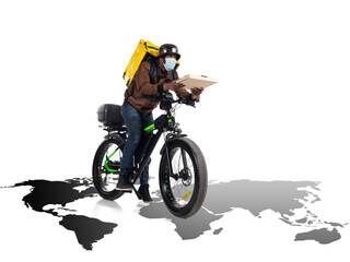 Home delivery, food purchase via the Internet. Deliveryman on bike arriving to any address worldwide on map with your order. Man hurrying up to delivery point with thermo bag. Courier service, safety.
