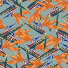 Strelitzia (Bird of Paradise) flower watercolor seamless pattern. Light greenish blue background.