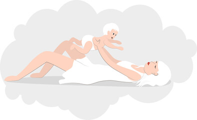 Mom lies on her back and holds the baby in outstretched arms