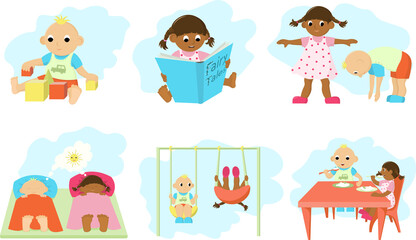 Children set of a boy and a girl. Preschoolers, six vector illustration. Different kids activities. Childhood concept.