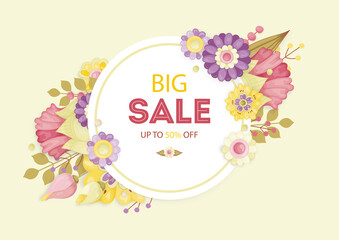 Delicate pastel flowers pink, yellow, purple. Templates can be used as floral frames for invitations, cards, stickers, discount cards, sales, for printing on paper and fabric.