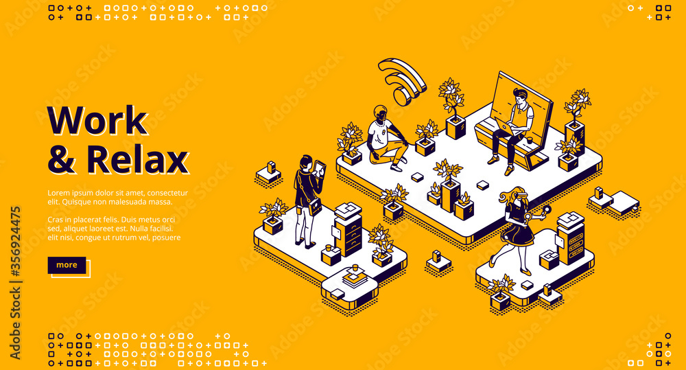 Poster work and relax banner. concept of work organization and healthy routine without stress. vector landi