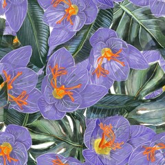 Fototapeta na wymiar Violet flowers tropical foliage seamless pattern design.