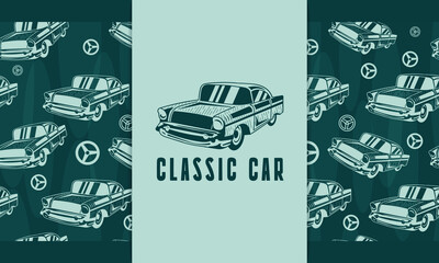 Hand drawn classic car with seamless pattern vector set - obrazy, fototapety, plakaty