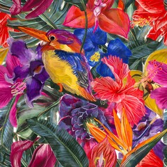 Tropical flowers and colorful bird seamless pattern.