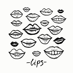 Lips. Monochrome doodle illustration of many mouths. Lips of different people funny vector template.