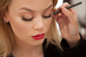 Close up of a professional makeup artist lining eyes of a beautiful woman with kajal