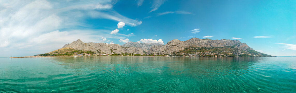 Panoramic view Omis town from boat. Croatia, Dolmatia