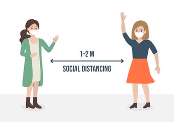 Greeting example during Coronavirus outbreak. People wearing medical face mask, keep 1-2 meter distance to prevent from virus spreading. Space for safety, social distancing concept.