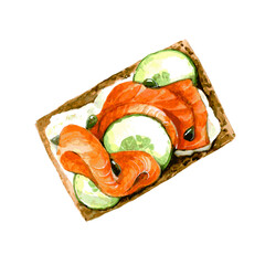 Tasty sandwich with salmon, cucumber and avocado. Watercolor illustration isolated on white background. Vector - 356926292
