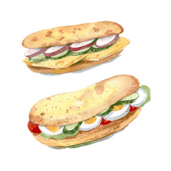 Set of sandwiches with egg, radish. Hand drawn watercolor illustration isolated on white background. Vector
