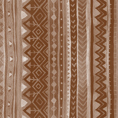 Chocolate brown tribal striped seamless pattern. Watercolor raster texture in ethnic style.