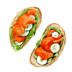 Set of Tasty sandwich with salmon and white cheese and with with salmon, cucumber and avocado. Watercolor illustration isolated on white background - 356926498