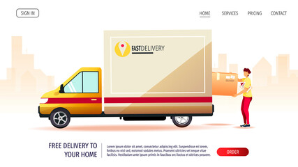 Web page design for Delivery services, Online order, trucking. Deliveryman with big box and delivery truck. Vector illustration for poster, banner, advertising, website.