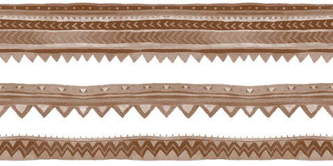 Chocolate brown tribal seamless borders with stripes and ornament. Watercolor raster ethnic design element.