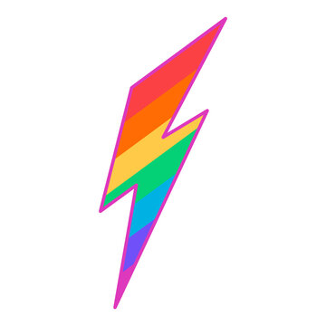 Rainbow colored lgbt lightning symbol. Gay rights concept. Vector illustration isolated on white. Flag of LGBTQ community. Banner in spectrum colors. Sticker, poster, patch, poster.