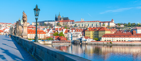 Prague Castle view from Charles Bridge on sunny spring morning, Praha, Czech Republic