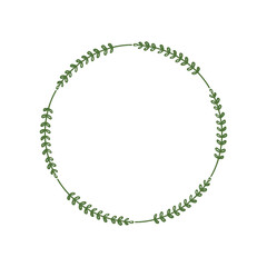 Fototapeta premium Round frame of green twigs with leaves. Design template for logo, invitation, greetings, jewelry, necklace, chain. Laconic stylish wreath. Minimalist border. Vector illustration, stick, leaf