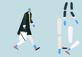 Stylized modern character fo r animation or motion graphic.  Side view of a man walking forward. Young man character. Flat vector illustration. Some parts of body