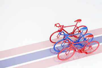 Bicycle set in red, and blue stripe represent flag or nation, Road bike on white background, Concept image for cycling competition or sport event. Template for invitation card or poster. 3D render. 