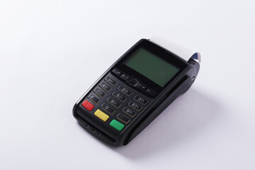 Credit Card Reader isolated on white background. POS Terminal With Receipt Printer. Card Machine....