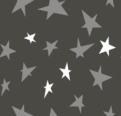 Hand-drawn watercolor illustration. Seamless pattern. White and gray stars on a dark gray background of different sizes. Isolated