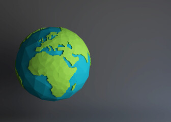 Concept for global issues : Save the world, Earth Africa and Europe side,  Green Planet - Low poly 3d illustration,  Cartoon render for poster with copy space for your text.