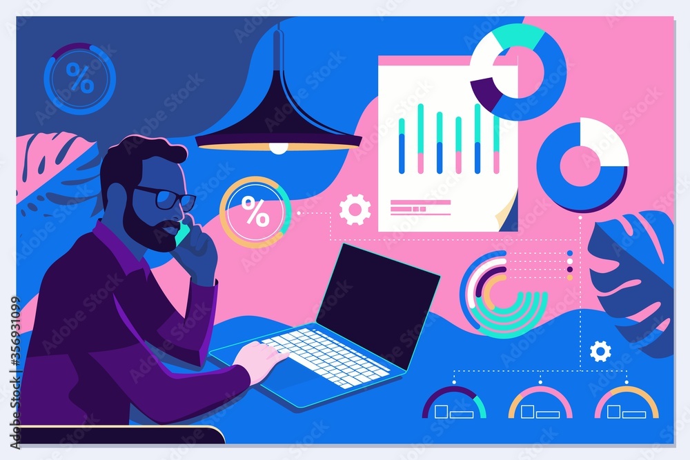 Poster businessman interacting with charts and analysing statistics and data. landing page template.