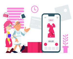 online shopping illustration vector, shopping at online stores during the coronavirus pandemic and lockdown, sale and discount banner for clothing and fashion illustration