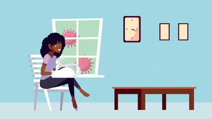 woman with cat stay at home campaign animation