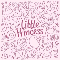 Doodle hand drawn illustration for fairy little ladies with dress, doll, magic wand, butterfly, ring, balloon and unicorn. Pattern for real princess