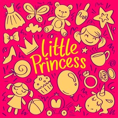 Little princess doodle hand drawn illustration with dress, doll, magic wand, butterfly, ring, balloon and unicorn. Pattern for fairy little ladies