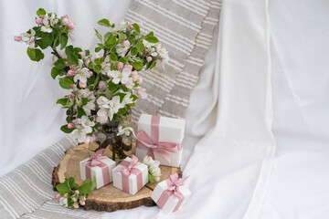 Vase with flowers. Gift boxes wiyh powdery ribbon.  Silver bracelet with charms is best gift box for the New Year and Christmas. Best gift for Valentines Day and Mothers day, birthday. 