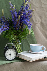 Still life with flowers. Lupins. Greeting card for the holiday. Background.